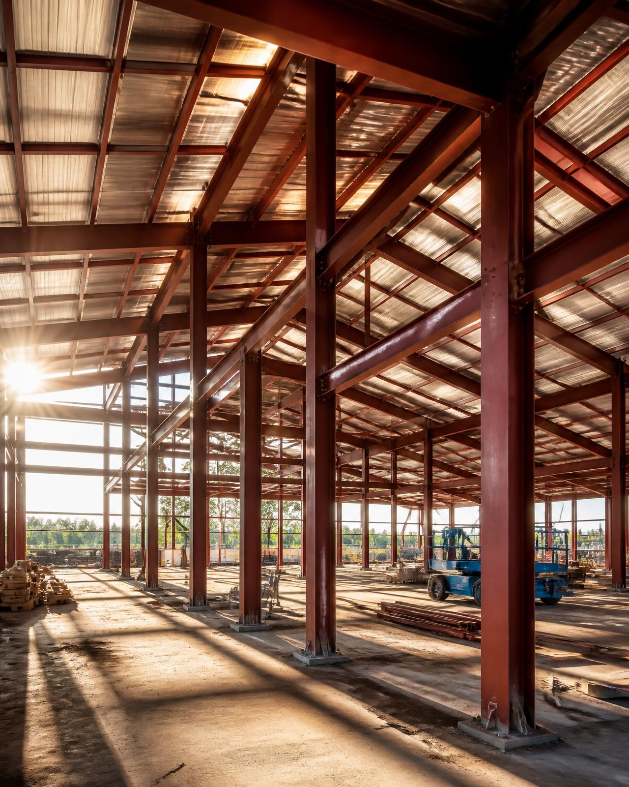 Red iron structural steel frame under construction