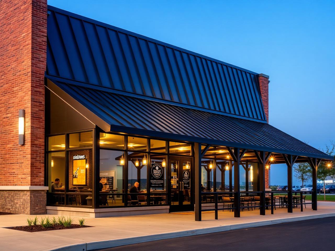 Restaurant Plan A Elevation B — Dark metal with covered patio exterior