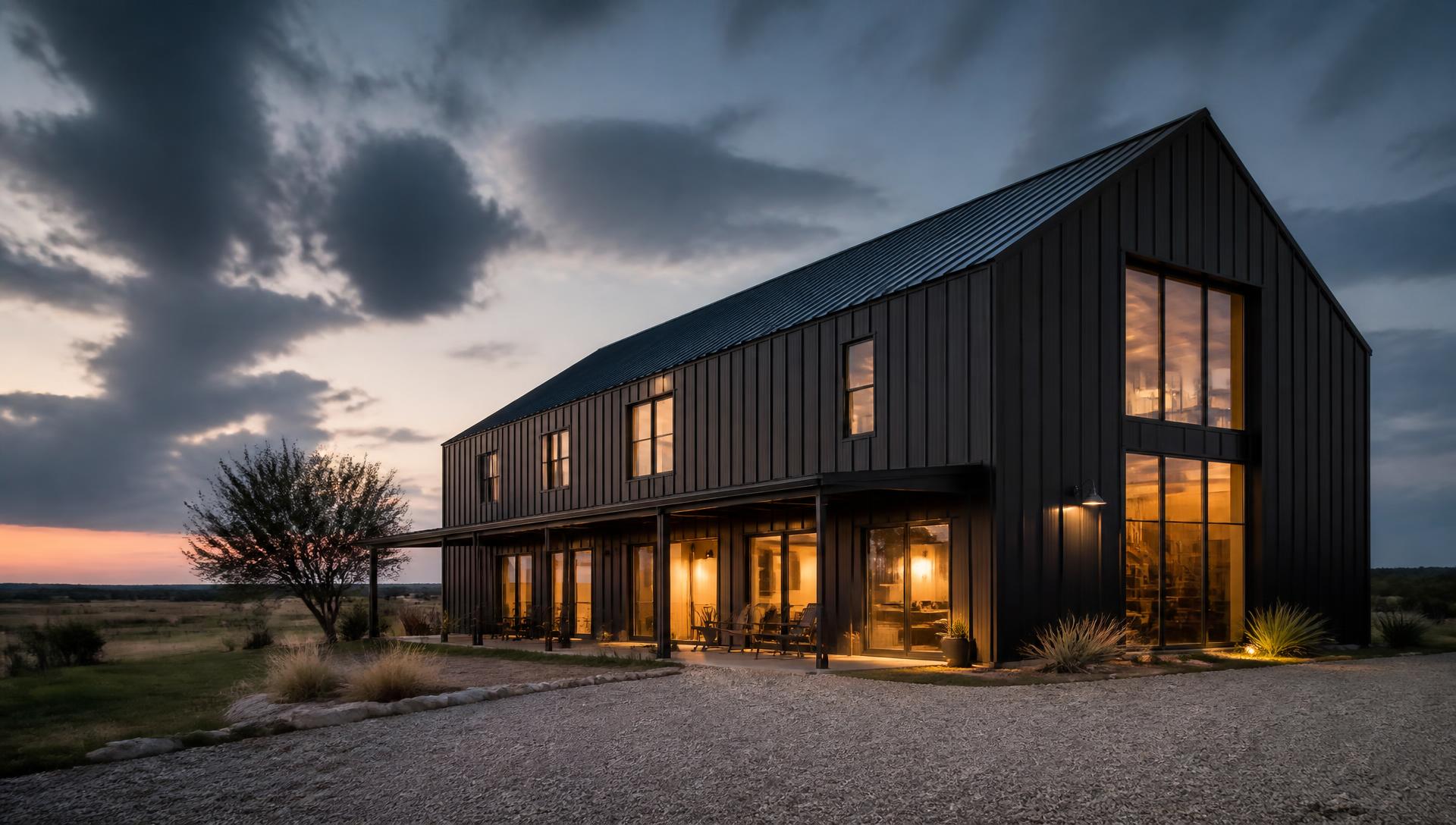 Dark metal barndominium with warm lit windows at dusk